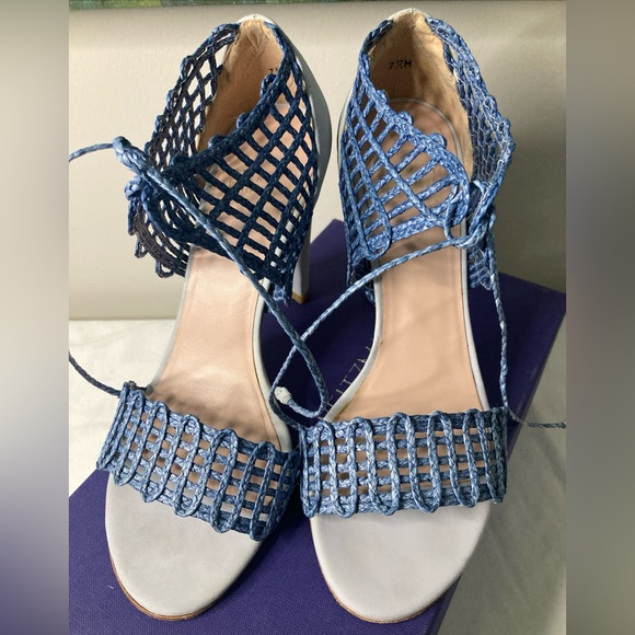 Womens STUART WEITZMAN Blue Leather Ankle Straps Sandals 7.5 M - Picture 1 of 12